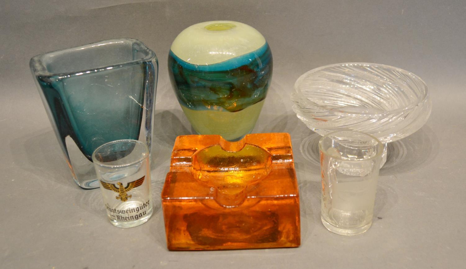 A Mdina Glass Vase of tapering form, together with another glass vase, a cut glass bowl, two small