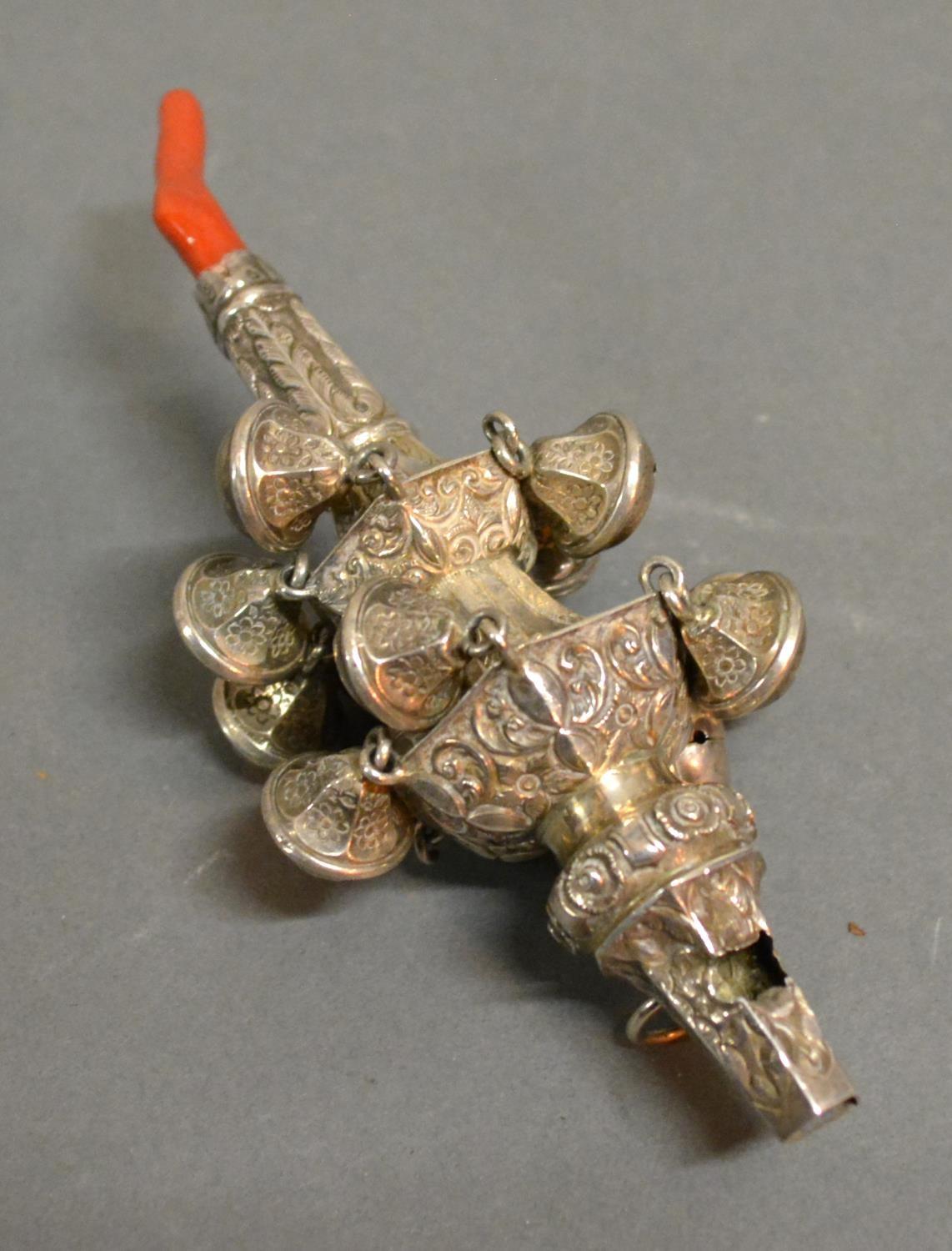 A Victorian Silver And Coral Mounted Baby's Rattle