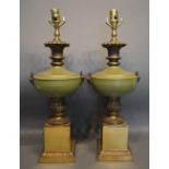 A Pair Of Toleware And Gilt Metal Mounted Table Lamps, with square pedestal bases, 61cm tall