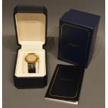 A Chaumet Paris 18ct. Gold Cased Ladies Wrist Watch With Black Leather Strap with original box and