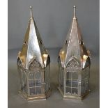 A Pair Of Gothic Revival Silvered Metal Lanterns In The Form Of Steeples, 59cm tall