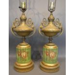 A Pair Of Victorian Gilt Metal And Porcelain Table Lamps Of Urn Form with circular pedestal bases,