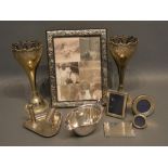 A 925 Silver Rectangular Photograph Frame, together with a pair of silver plated specimen vases
