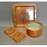 An Arts And Crafts Style Tray Of Square Form, Together with a similar bowl and a carved book stand