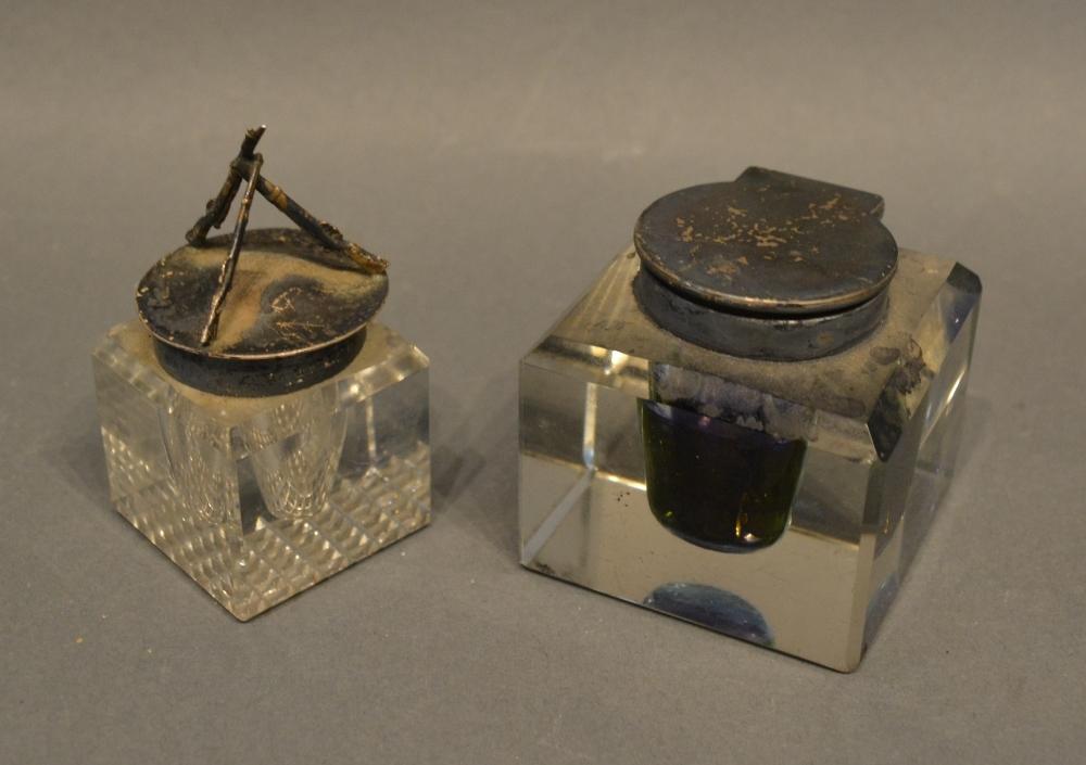 A Sheffield Silver Topped And Cut Glass Inkwell, The Top Decorated with three rifles, together