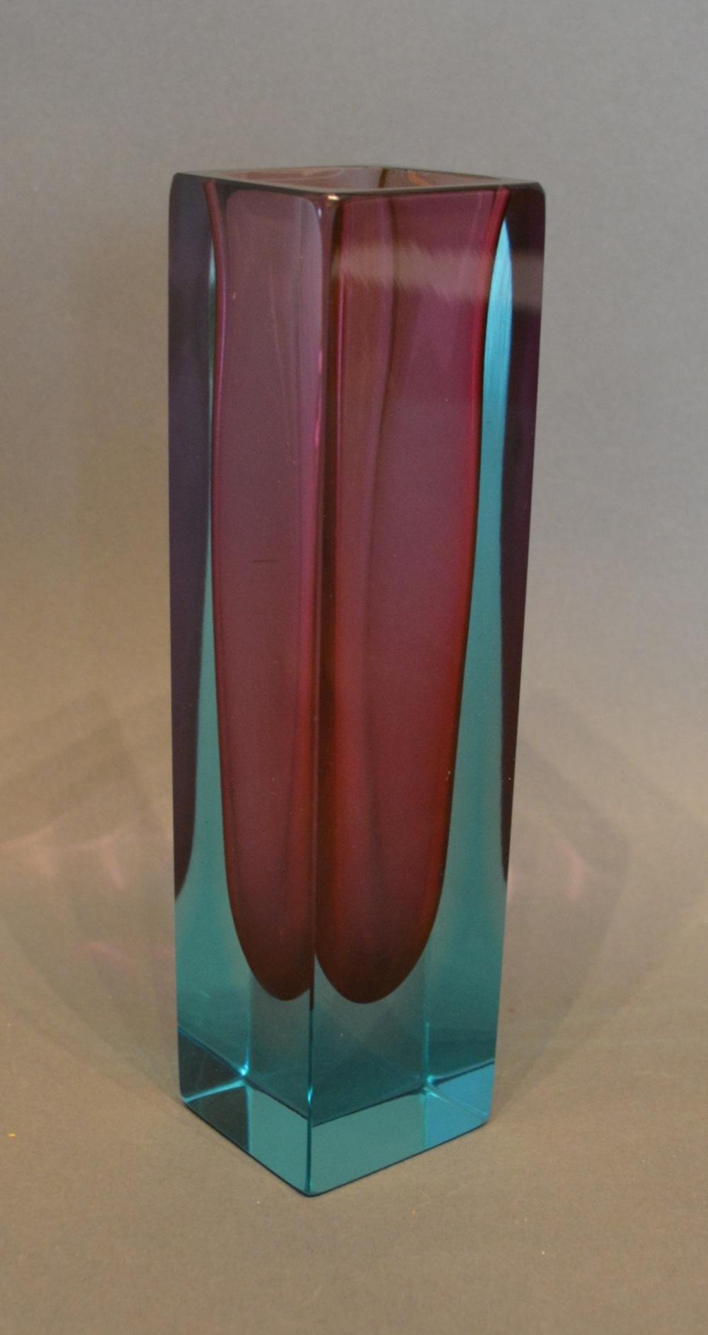 A Czechoslovakian Pink And Blue Glass Vase Of Square Form, 20cm tall