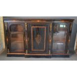 A Victorian Ebonized Marquetry Inlaid In Gilt Metal Mounted Breakfront Credenza Cabinet, the moulded