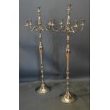 A Pair Of Floor Standing Chromium Five Branch Candelabrum, with circular bases, 147cm tall
