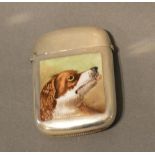 A Victorian Silver Vesta Case With Enamel Panel Depicting A Dog, Birmingham 1887