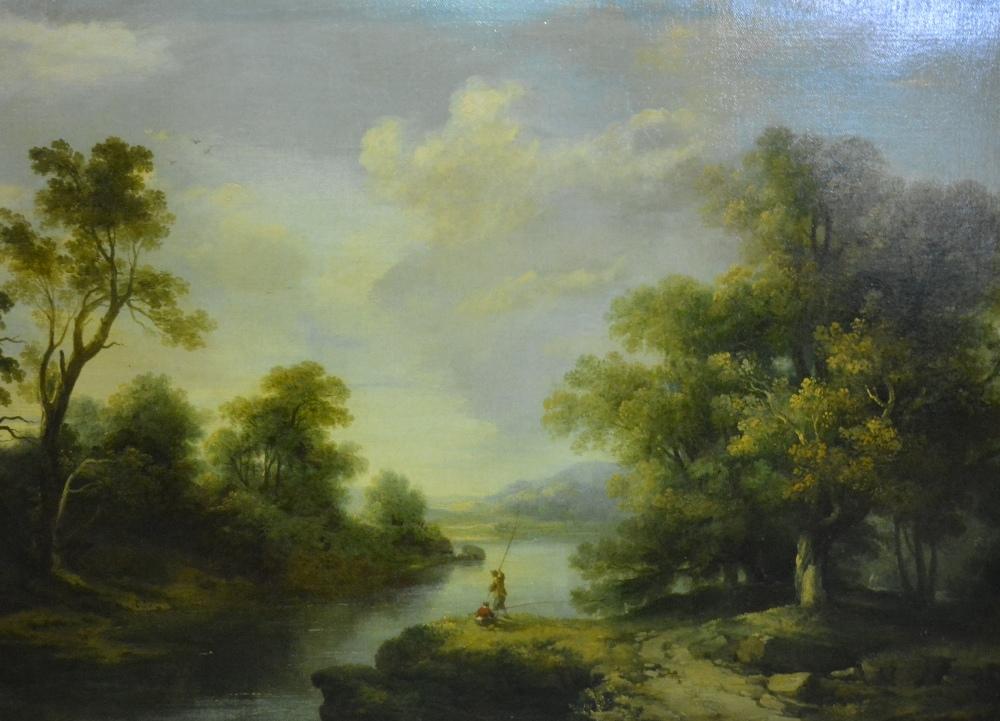 Early 19th Century English School River Scene With Figures Fishing within a rural setting, oil on