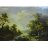Early 19th Century English School River Scene With Figures Fishing within a rural setting, oil on