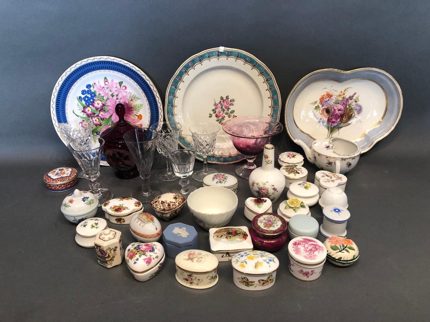 A 19th Century Derby dish together with other items of ceramics and glassware to include patch boxes