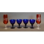 A Set Of Four Bristol Blue Wine Glasses, Together With A Pair Of Red Flash Glasses