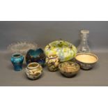 Three Persian Pottery Vases, Together With Two Similar Bowls, an Art Deco glass light fitting and