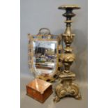 A Brass Framed Wall Mirror, Together With An 18th Century Style Candle Stand and a walnut small box