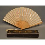 A Cantonese Embroidered Silk Fan Late 19th Century complete with lacquered box
