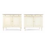 A Pair Of Late 19th To Early 20th Century French Painted Side Cabinets, each with a variegated