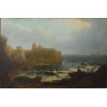 19th Century English School, Coastal Scene With Ruins On A Cliff, Oil On Canvas, 63cm by 96cm