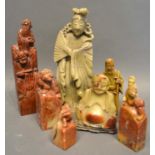 A Chinese Hard Stone Figure 17cm Tall, Together With Seven Other Similar Chinese Heart Stone Figures