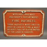 An Early Cast Iron Railways Related Sign, The Midland Railway Engineers Department Fire Buckets,