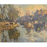 Pauline Hewitt, 1873 - 1956, England, River Scene with Figure on a Barge, oil on canvas, signed,