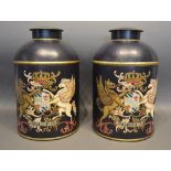 A Pair Of Navy Blue And Gilded Armorial Toleware Canisters, 36cm tall