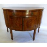 A 19th Century Mahogany Demilune Side Cabinet, The Cross-banded Top above a central drawer above two