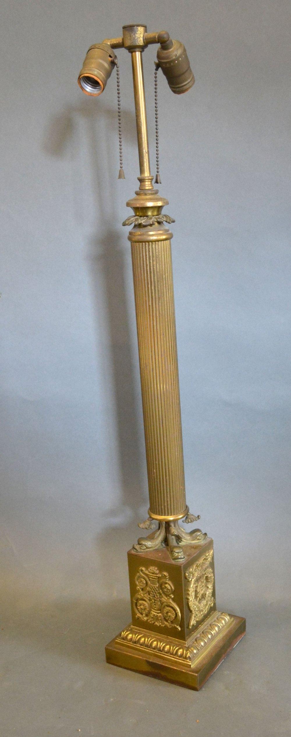 A Brass Empire Style Table Lamp of Corinthian Form with Square Stepped Base, 84 cms tall