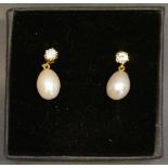 A Pair of Gold, Diamond and Pearl Set Drop Ear Studs