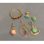 A 9 Carat Gold Amethyst Set Five Stone Ring, together with various pendants and a pair of ear studs