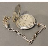 A Silver Cased Pocket Watch by Wilka with enamelled decorated case, together with watch chain