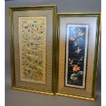 A Chinese Silk Work Embroidered Panel 63 x 33 cms together with another similar and three Eastern