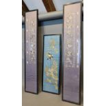 A Pair of Chinese Silkwork Sleeves depicting birds and bats amongst foliage, 88 x 15cm, together