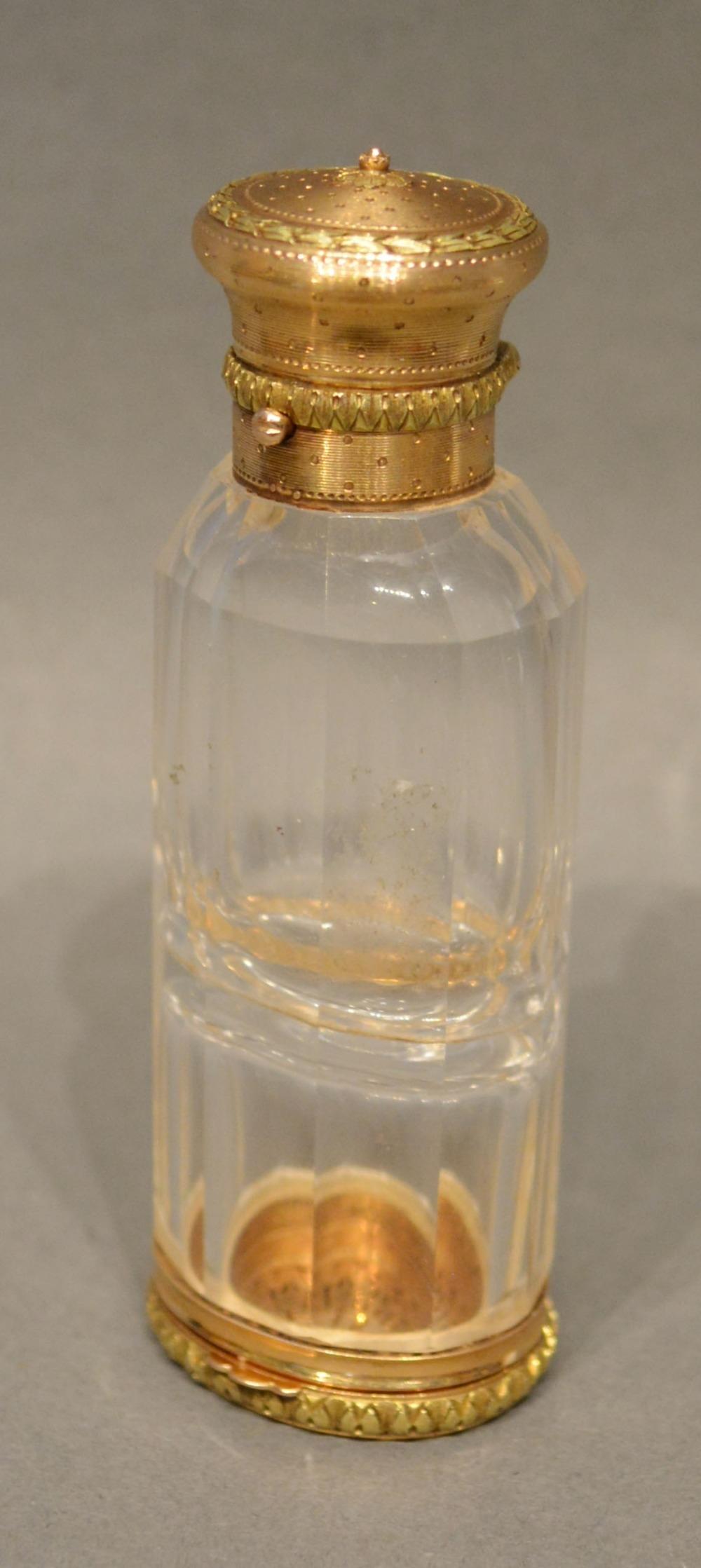A Yellow Metal Mounted and Cut Glass Scent Bottle and Vinaigrette, 8cm long