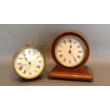 A Small Mahogany And Satinwood Inlaid Mantle Clock, together with a circular brass cased clock
