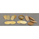Three Pairs of 9 Carat Gold Cufflinks, together with a 9 carat gold ring, 14 grammes