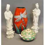 A Poole Pottery Vase Decorated with a Dragonfly together with a blue Derby sucrier and a pair of