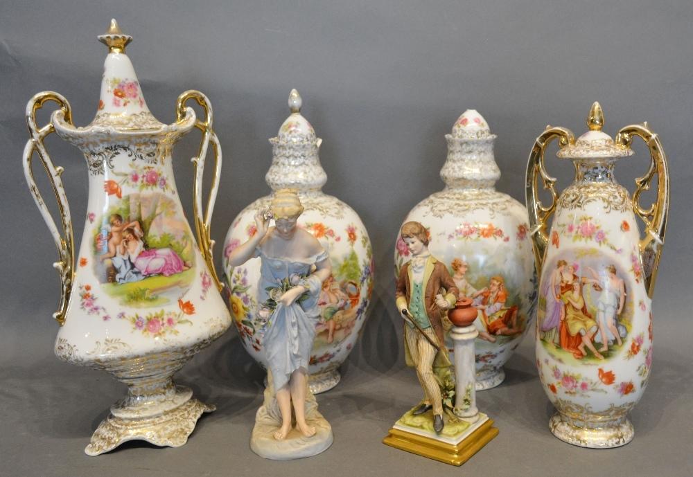 A Pair of German Porcelain Vases of oviform, together with two other similar and two Continental