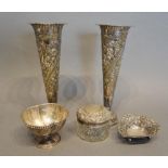 A Pair of London Silver Spill Vases of Embossed Form, 21cm tall, together with a Chester silver