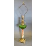 A Rouge Marble and Green Glass Table Lamp in the form of an Oil Lamp with Brass Shaped Base, 75