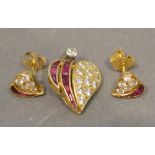 An 18 Carat Gold Suite of Jewellery to include a pendant of heart form, set with rubies and