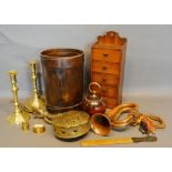 A Five Drawer Collectors Cabinet, together with a pair of brass candlesticks, various other brass