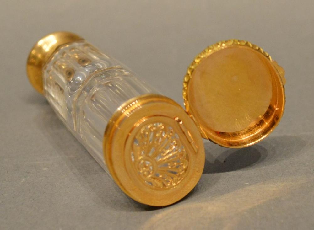 A Yellow Metal Mounted and Cut Glass Scent Bottle and Vinaigrette, 8cm long - Image 2 of 2