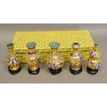 A Set of 5 Chinese Champleve Miniature Vases with hardwood stands and original box, 9cm tall