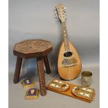 A Mandolin, together with a stool, and a folding book stand