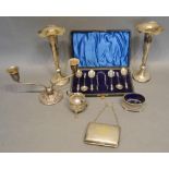 A Set of Six Birmingham Silver Apostle Spoons with tongs in fitted case, together with a pair of