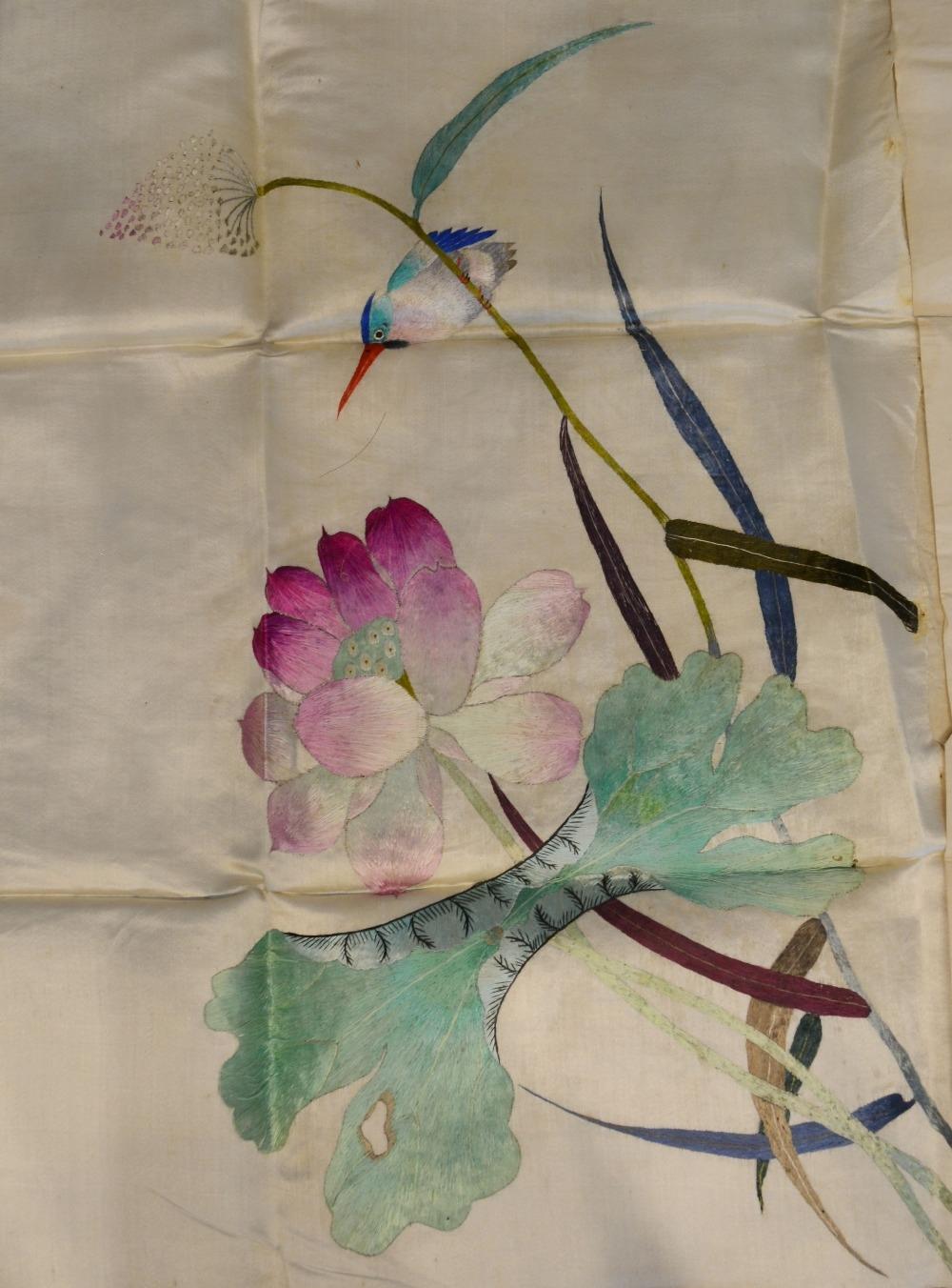 A Group of Four Chinese Silkwork Panels to include exotic birds amongst foliage and a butterfly - Image 2 of 6