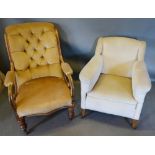 A Victorian Button Upholstered Drawing Room Armchair, together with another similar upholstered
