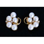 A Pair of High Grade Gold Pearl and Diamond Set Earstuds