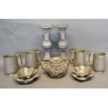 A Pair of Chinese Pewter Vases, together with four Chinese pewter mugs, a pair of candle stands